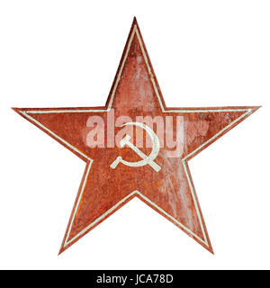 Red USSR communism symbol with hammer and sickle. Aged metal plate isolated on white. Stock Photo