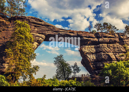 Pravcicka brana rock arch in Czech mountains Stock Photo