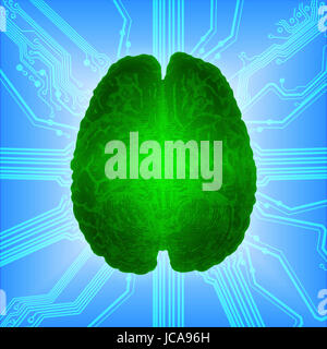 Wired green glowing brain over computer microcircuit. Artificial intelligence (AI) and High Tech Concept. Stock Photo