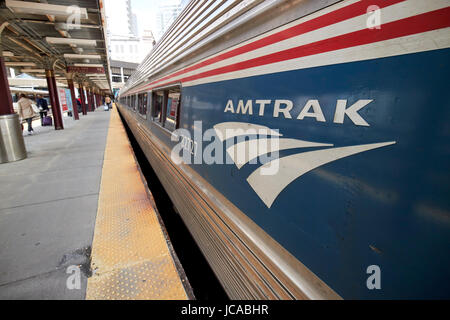 amtrak logo on a regional train arrived in South Street Station Boston USA Stock Photo