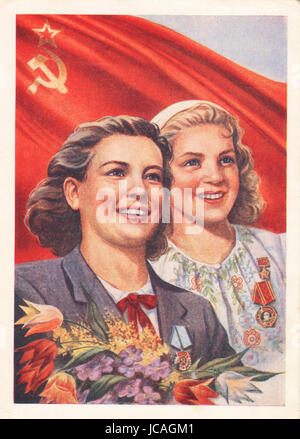 Vintage picture post card Two happy soviet working women, circa 1960 Stock Photo