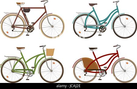 Classic bike, set icons. Retro bicycle, cycle, transport. Cartoon vector illustration Stock Vector
