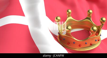 Monarchy of Denmark. Golden crown on Denmark flag background. 3d illustration Stock Photo
