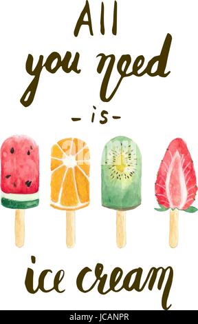 All you need is ice cream. Lettering design for posters, t-shirts, cards, invitations, stickers, banners, advertisement. Modern brush style. Vector Stock Vector