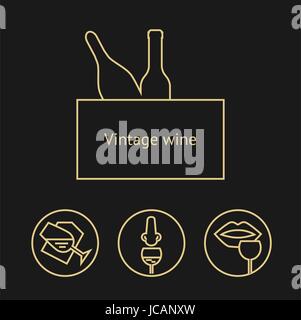 Wine gold icons collection on dark background. Modern outline style. Old wine bottle and tasting process. Can be used for wine shop, wine company and  Stock Vector