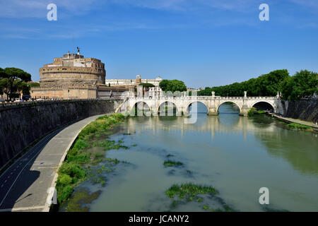 Ancient Castel Sant'Angelo and Sant Angelo pedestrian bridge on the Tiber River, Rome Stock Photo