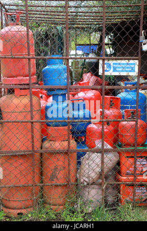 Calor gas canisters for use by people on canal boats, held in secure storage. Stock Photo