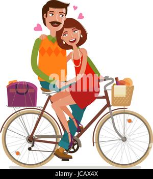 Loving couple riding on picnic by bicycle. Cartoon vector illustration Stock Vector