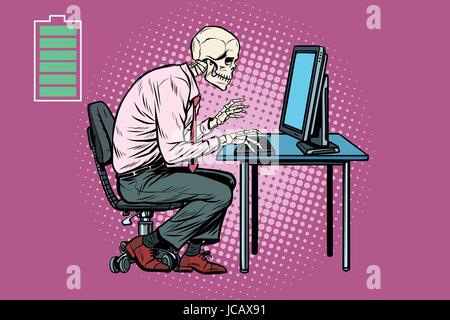 Skeleton worker working on computer. Energy for work. Pop art retro vector illustration Stock Vector