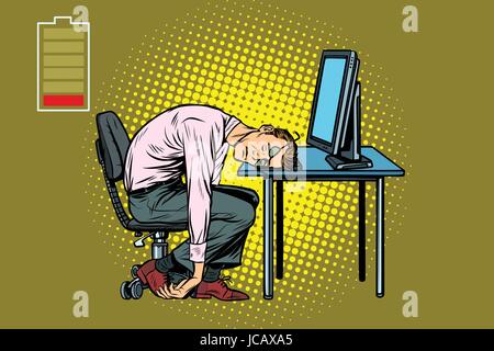 businessman sleeping at the computer. Fatigue at work. Pop art retro vector illustration Stock Vector