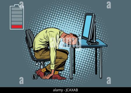 sleeping African businessman at the computer. Fatigue at work. Pop art retro vector illustration Stock Vector