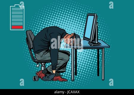Sleeping African hacker at the computer. Pop art retro vector illustration Stock Vector
