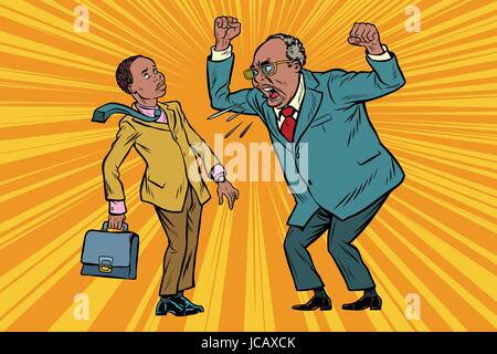 Boss scolds businessman. African American people. Conflicts at work. Pop art retro vector illustration Stock Vector