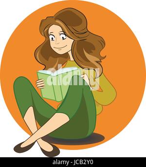illustration of cartoon cute girl reading book in library Stock Vector