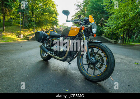 WARSAW POLAND, JUNE 12,2017: Triumph Street Cup, modern classic style motorbike. Connection well-known engine with perfect gear box gives fantastic im Stock Photo