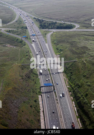 aerial view of the Pennine Way at Junction 22 of M62 motorway, A672, Windy Hill near Oldham, UK Stock Photo