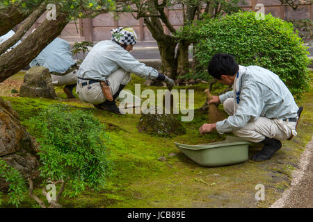 Cleansing the garden in Ginkaku-ji Temple, Kyoto, Japan. Stock Photo