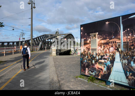 Berlin. Germany. Exhibition on Bornholmer Straße next to Bösebrücke marking the events of 9 November 1989. Bornholmer Straße was the first East German Stock Photo