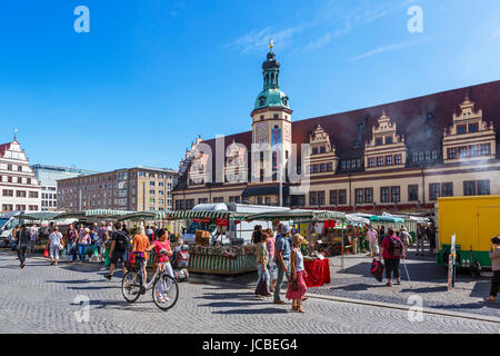 Leipzig, Germany. Market in the Markt (Market Square) in front of the Altes Rathaus (Old Town Hall), Leipzig, Saxony, Germany Stock Photo