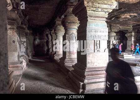 Ellora, India - 15th August 2016: People visiting to the caves in Ellora, Maharashtra state in India Stock Photo