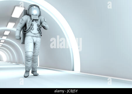 A Astronaut walking in a space station. 3D rendered illustration. Stock Photo