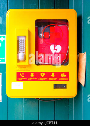 An AED Automatic External Defibrillator emergency equipment for assisting a heart attack victim which is usable by a lay person Stock Photo