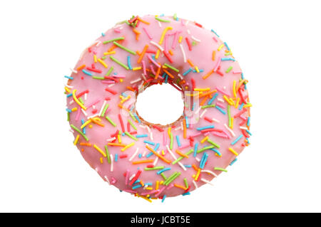 Food and drink: single pink donut, isolated on white background Stock Photo