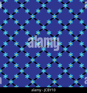 Flowers background, vector seamless pattern, dark blue color. Geometrical oriental ornament made up of six-petalled flowers and black stripes Stock Vector
