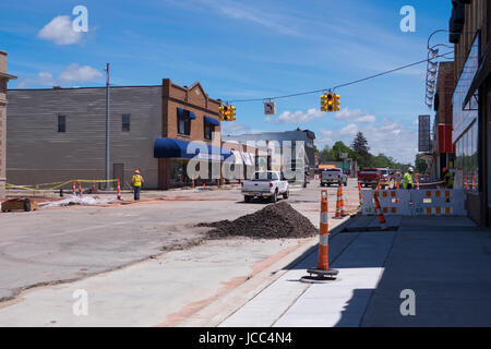 Road construction downtown Whitehall, MI summer 2017. Stock Photo