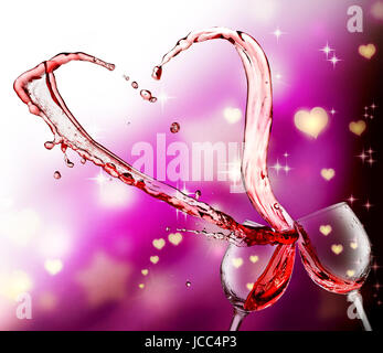 Heart splash from two glasses of red wine over abstract hearts light background Stock Photo