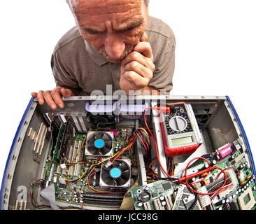 man look his broken pc isolated on white background Stock Photo