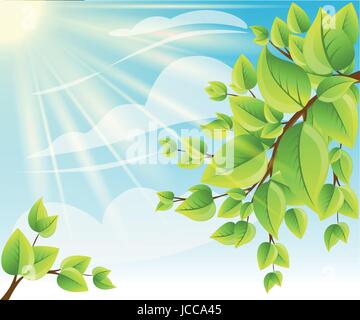 vector tree branch with green leaves Vector illustration. Bright nature landscape with sky. Stock Vector