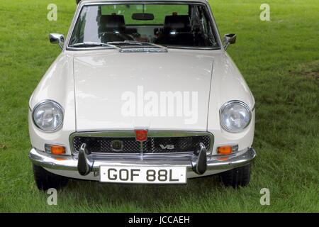 Beaulieu, Hampshire, UK - May 29 2017: Front view of a white 1972 MG MGB GT V8 Stock Photo