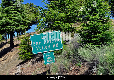 Begin San Antonio Valley Rd, east 130, sign,  Mount Hamilton, California, Santa Clara county, California, Stock Photo