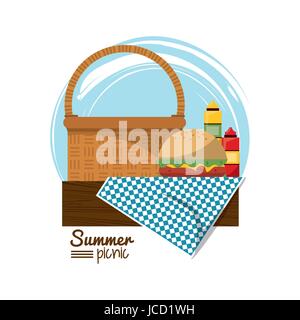 colorful logo summer picnic with picnic basket on table over tablecloth with burger and sauces Stock Vector