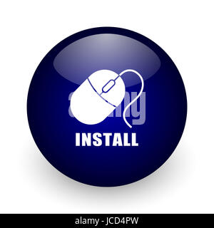 Install blue glossy ball web icon on white background. Round 3d render button. Stock Photo