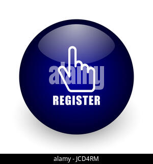 Register blue glossy ball web icon on white background. Round 3d render button. Stock Photo