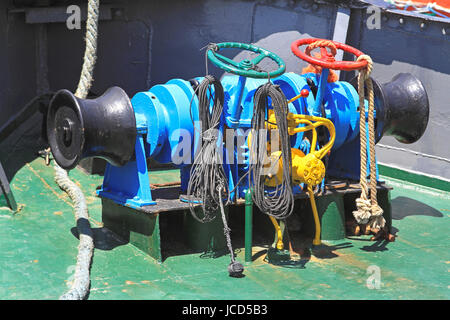 Hydraulic anchor windlass at small tug boat Stock Photo