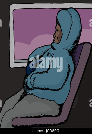 Serious African man in winter coat sitting in bus Stock Photo