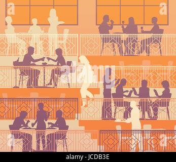 Eps10 editable vector illustration of people dining on terraces at a restaurant Stock Vector
