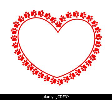 Red contour heart with empty space for text surrounded by animals paws Stock Vector