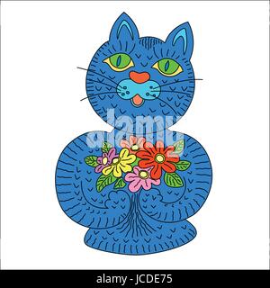 Cartoon blue cat holding in his paws flowers. Birthday card Stock Vector