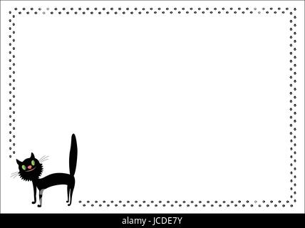 Walking comic black cat frame with paw prints Stock Vector
