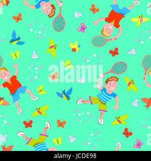 Seamless pattern children playing badminton Stock Vector