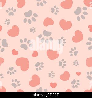 Seamless pattern with hearts and paw prints of animals on pink background vector design Stock Vector