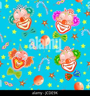 Seamless pattern with laughing clowns on blue background Stock Vector