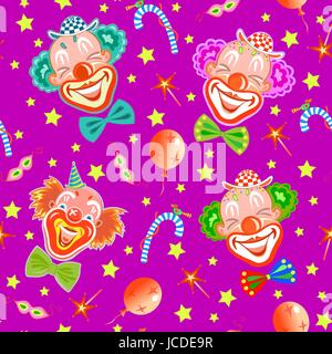Seamless background with clowns on purple Stock Vector
