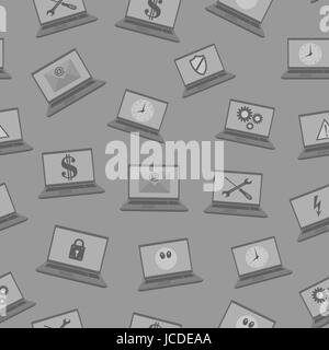 Seamless pattern with laptops with characters on a gray background Stock Vector