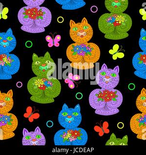 Seamless pattern with hand drawn colored cats with flowers on a black background Stock Vector