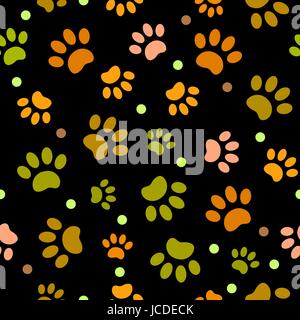 Seamless pattern colored paws on black background Stock Vector